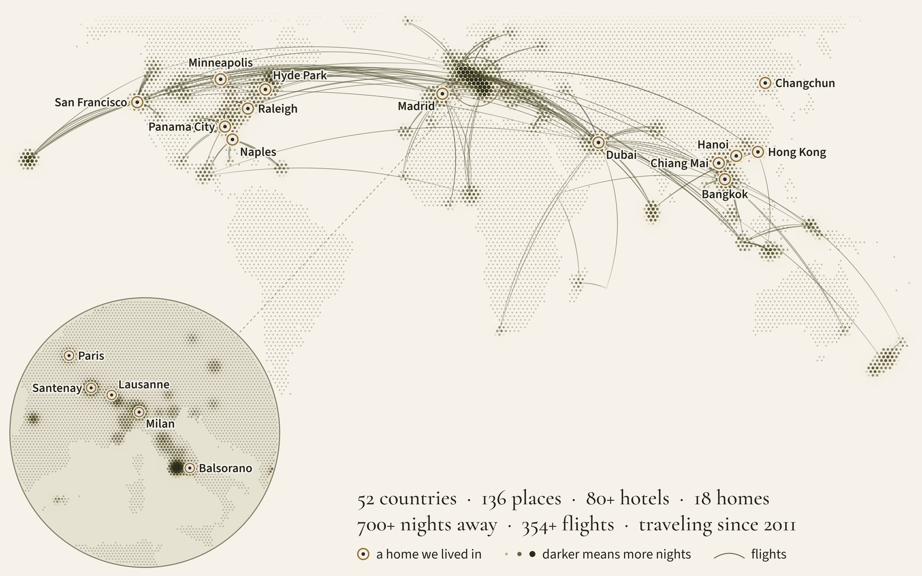 Map of every place we have stayed since 2011, with the places we have lived ringed